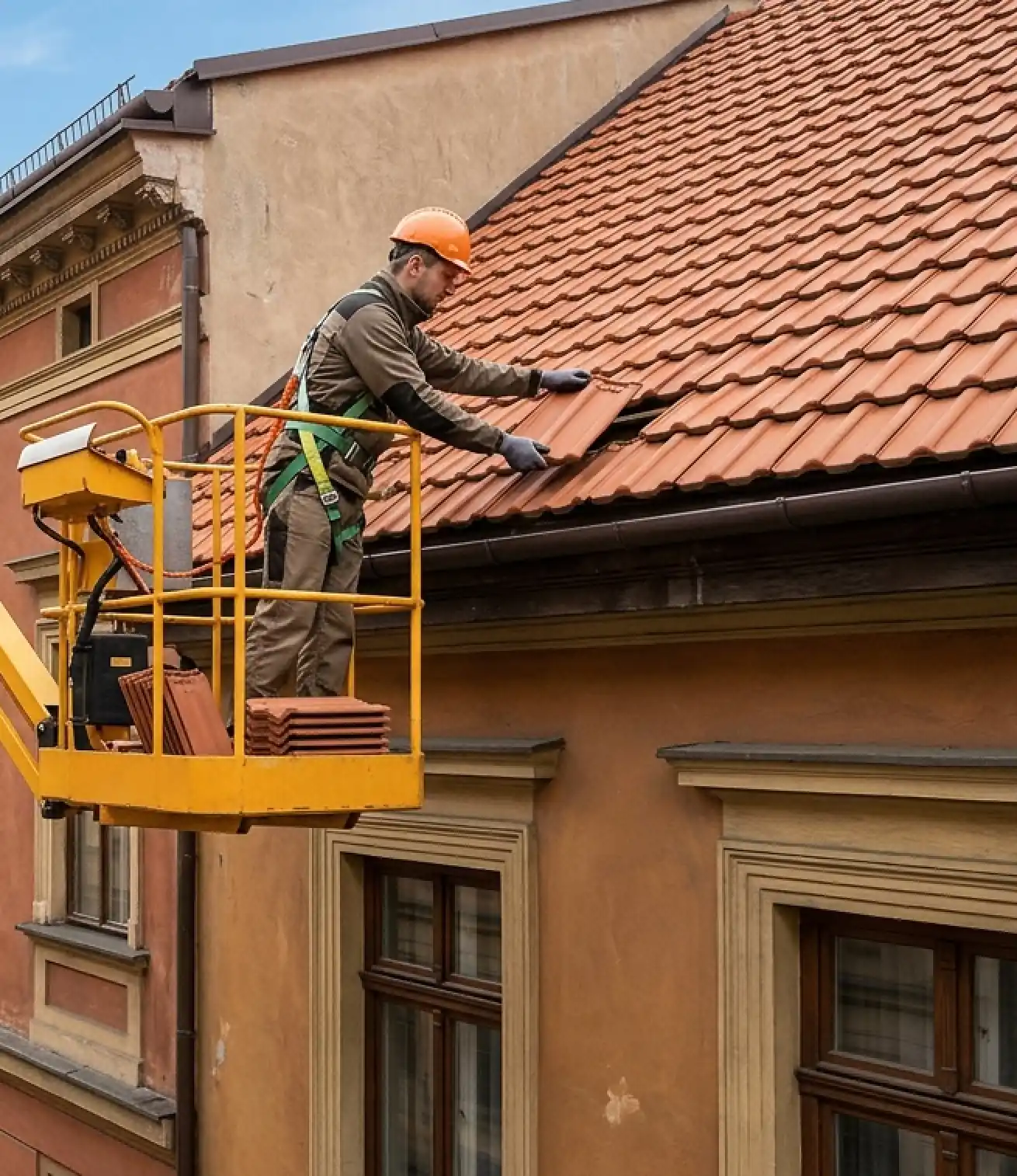 Naprawa dachu budynku na wysokości z podnośnika koszowego